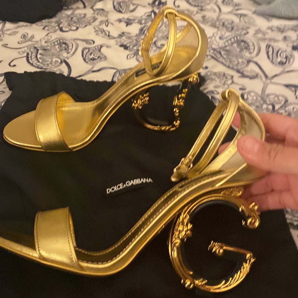 Dolce & Gabbana Gold Metallic Ankle-Strap Sandals with Decorative Logo Heel - Picture 2 of 11